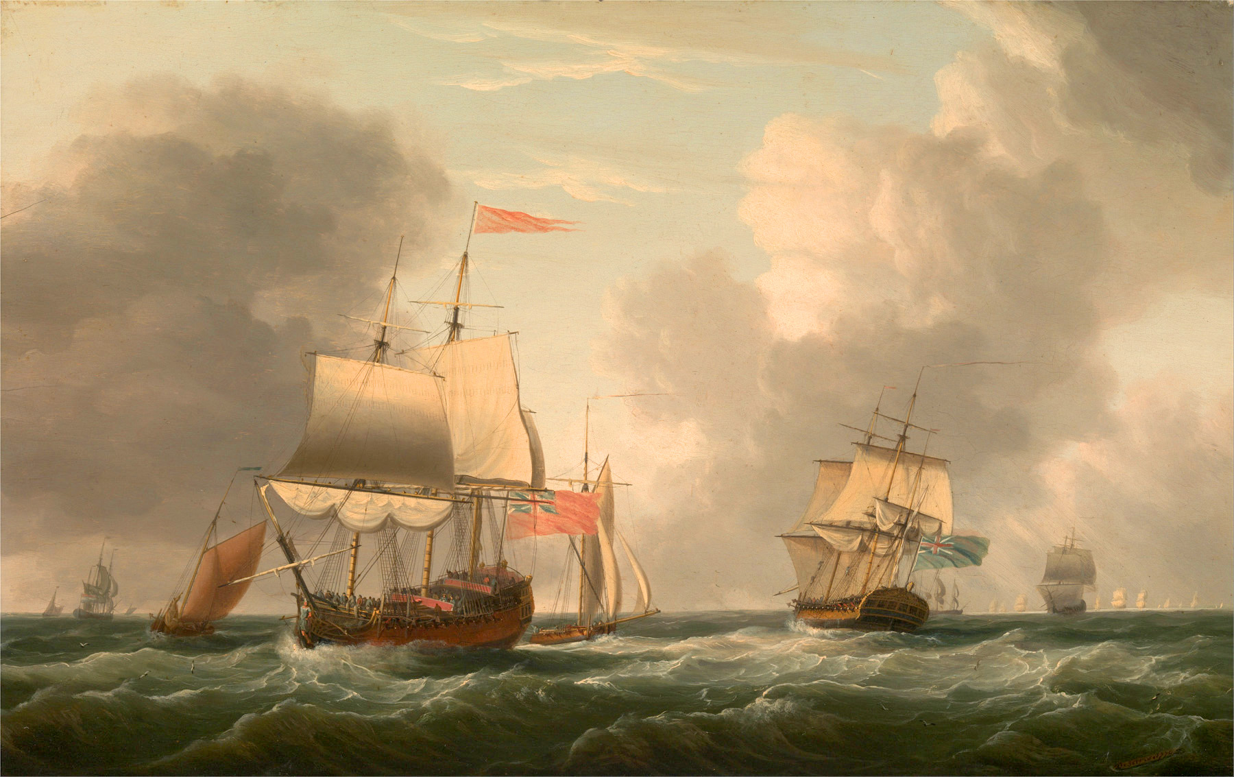english two-decker lying hove to